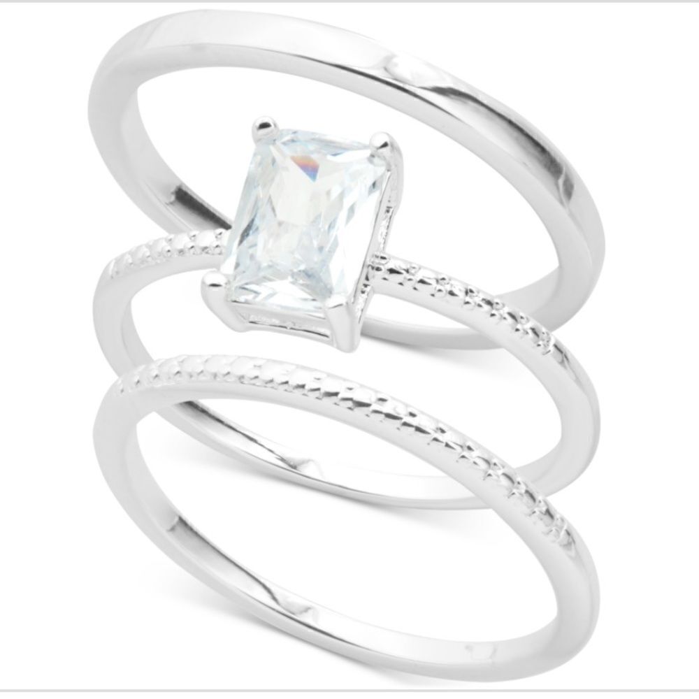 NWT Charter Club Silver-Tone 3-Pc. Emerald-Cut Crystal Bridal Set size 10